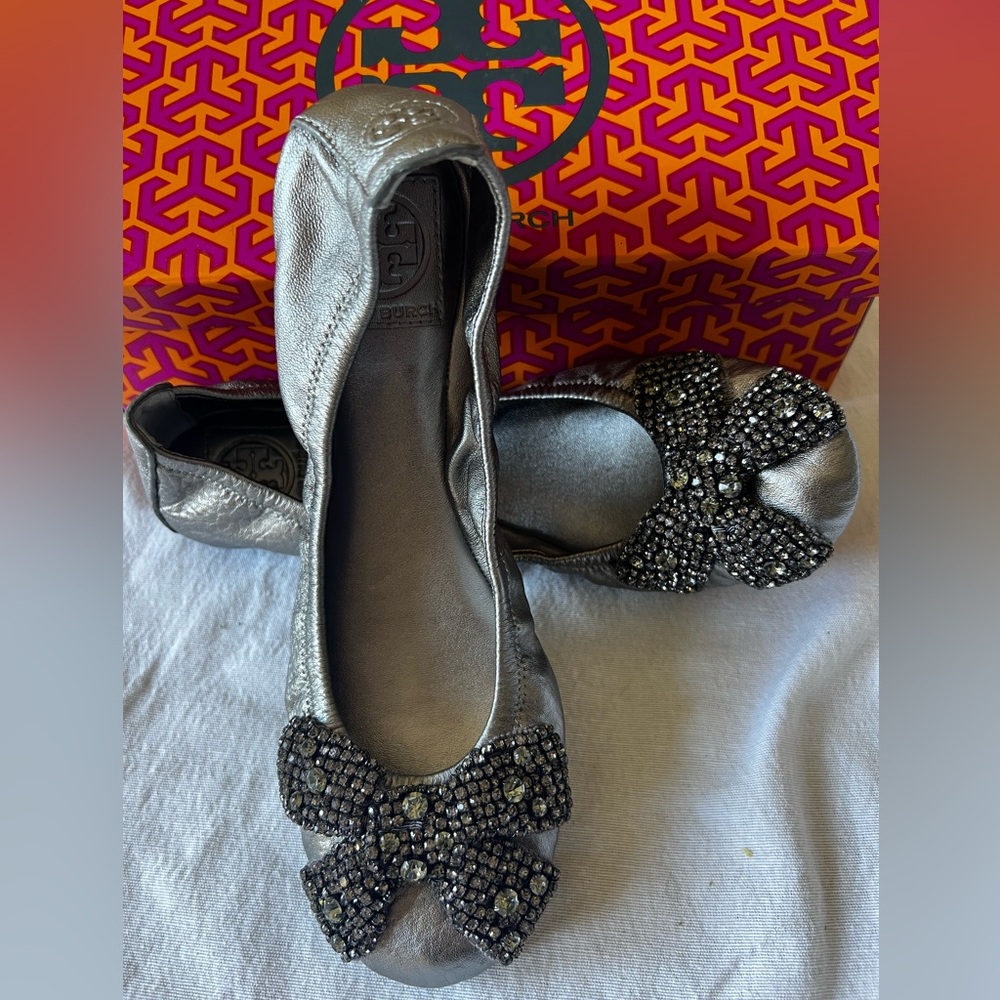 Tory Burch silver Ballet Flats with Embellished Bow